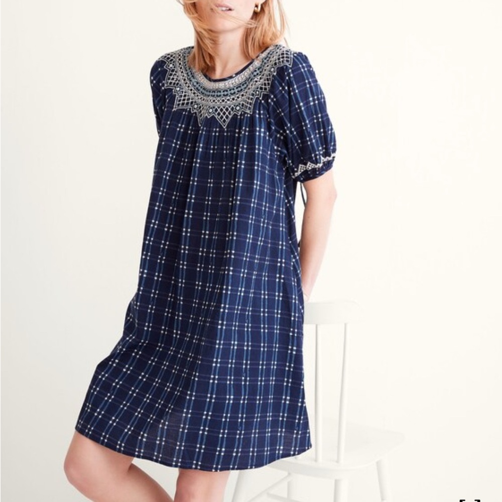 Madewell Embroidered puff sleeve baby doll dress in indigo plaid